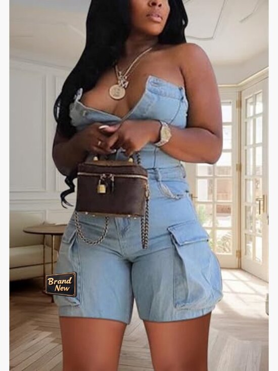 Strapless Denim Romper Cargo Shorts Slim Fit XXL One Piece Jumpsuit - Picture 3 of 5